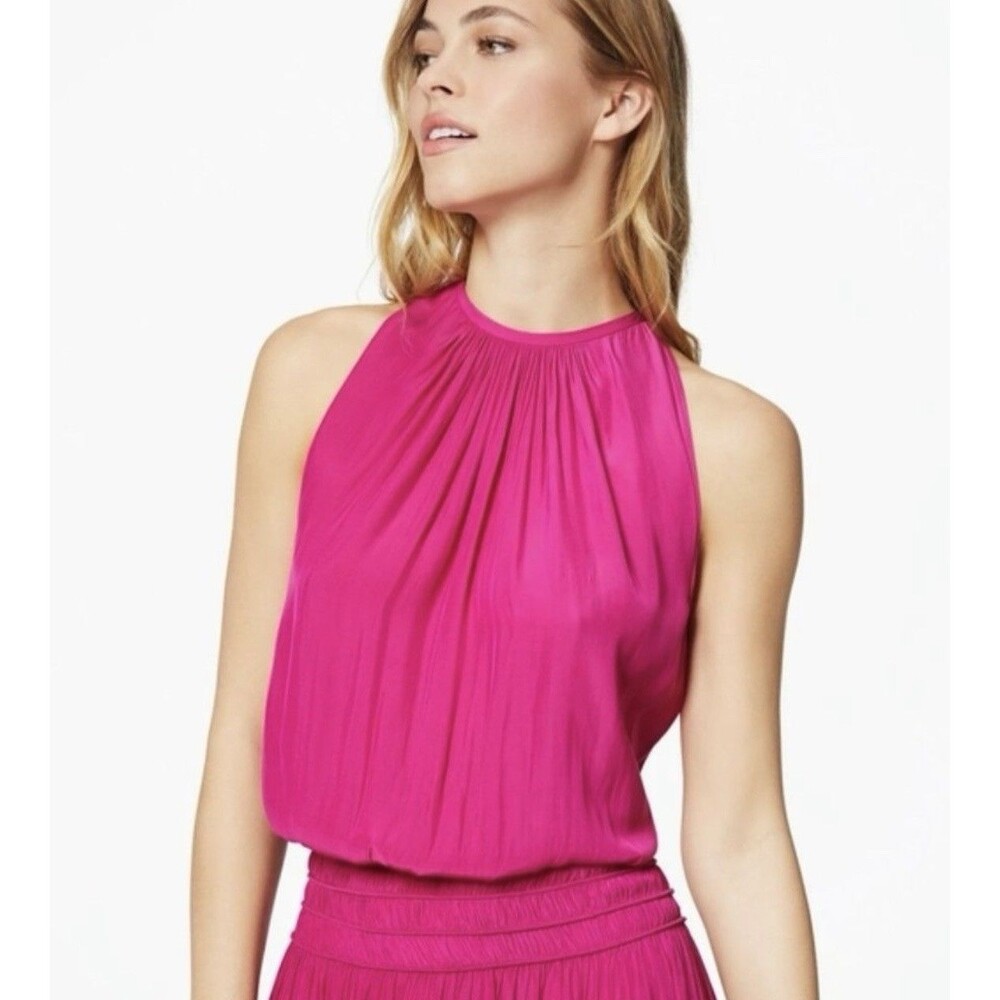 Ramy Brook New York Audrey Smocked MidiDress Women’s XS Satin Pink Orig $425 EUC - Picture 2 of 16